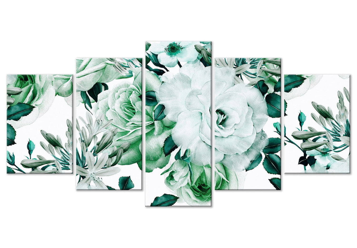 Floral Canvas Wall Art - Green Vintage Roses - 5 Pieces