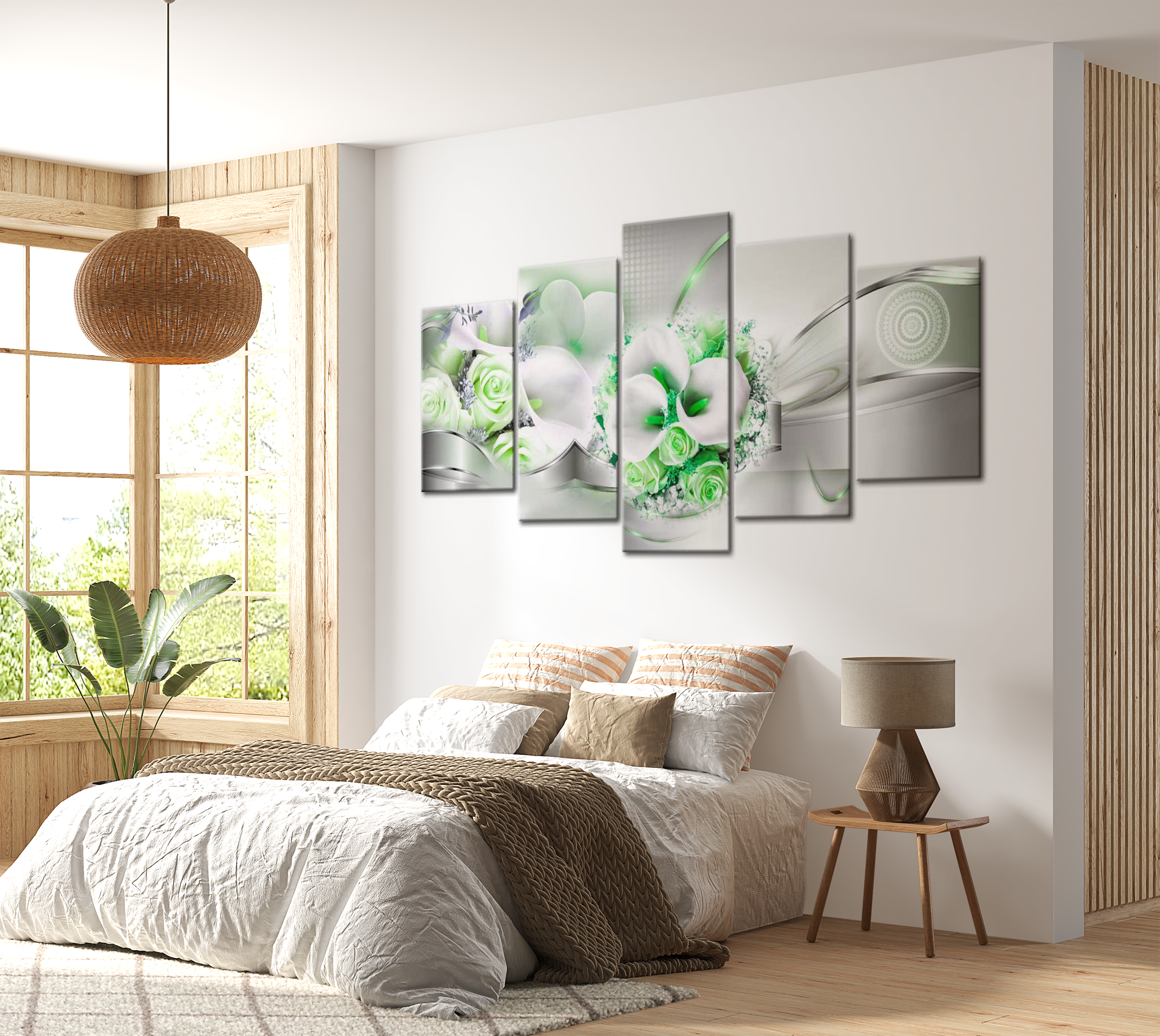 Floral Canvas Wall Art - Green White Bouquet - 5 Pieces