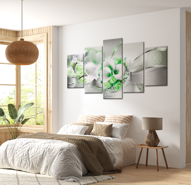 Floral Canvas Wall Art - Green White Bouquet - 5 Pieces
