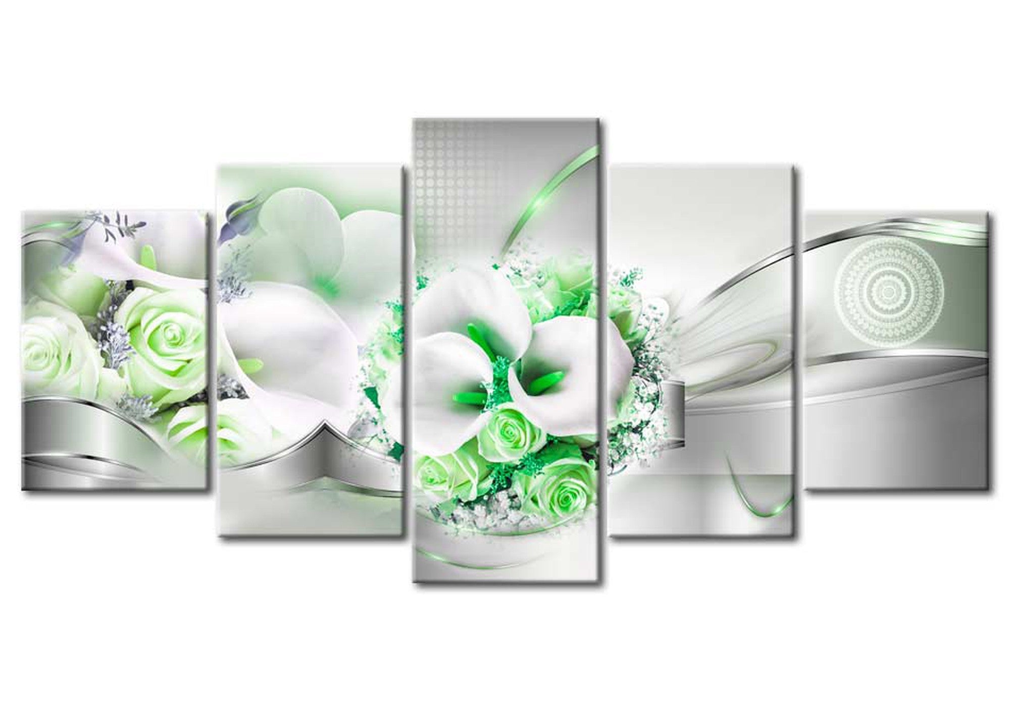 Floral Canvas Wall Art - Green White Bouquet - 5 Pieces