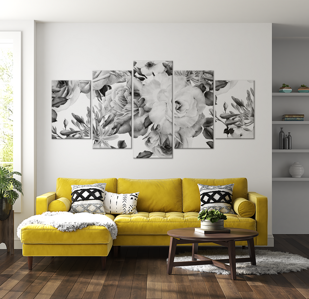 Floral Canvas Wall Art - Grey Roses - 5 Pieces