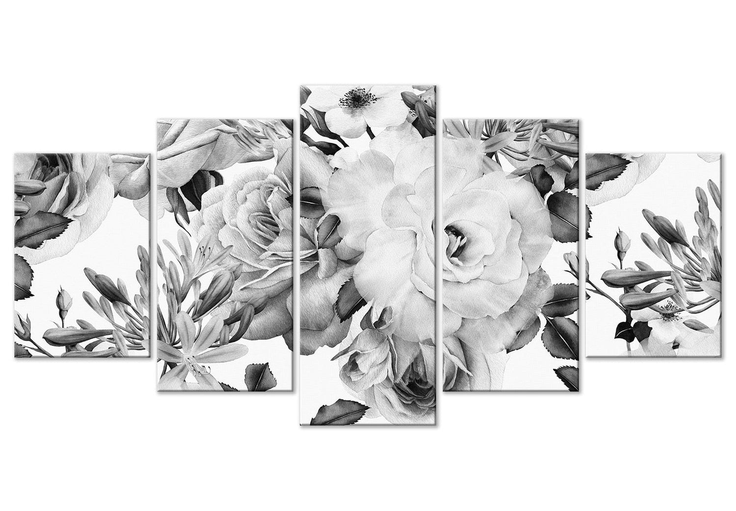 Floral Canvas Wall Art - Grey Roses - 5 Pieces
