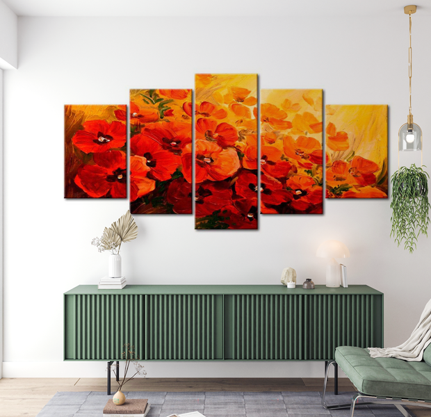 Floral Canvas Wall Art - Land Of Poppies - 5 Pieces