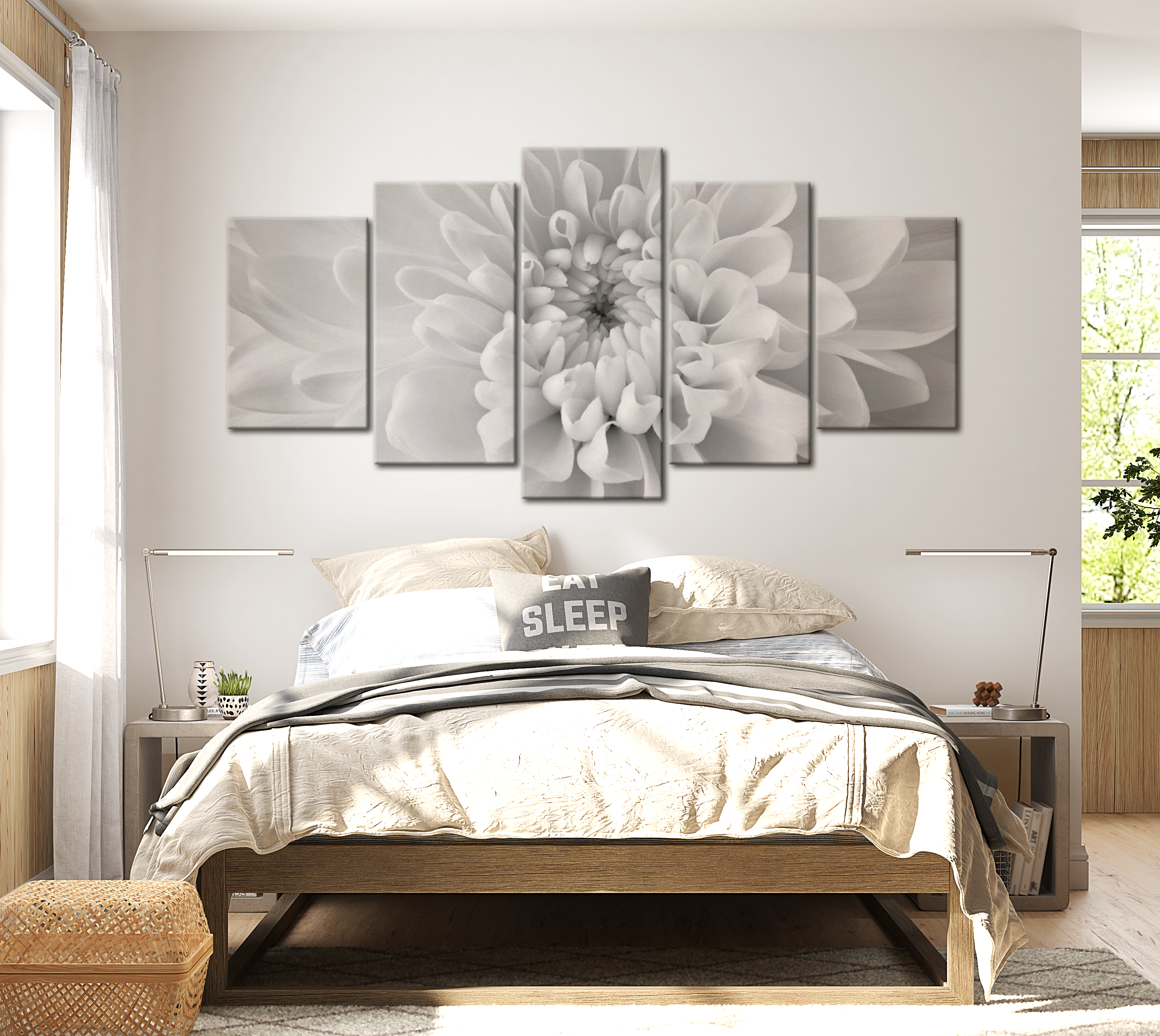 Stretched Canvas Floral Art - Dahlia Flower In Grey Shades 40"Wx20"H