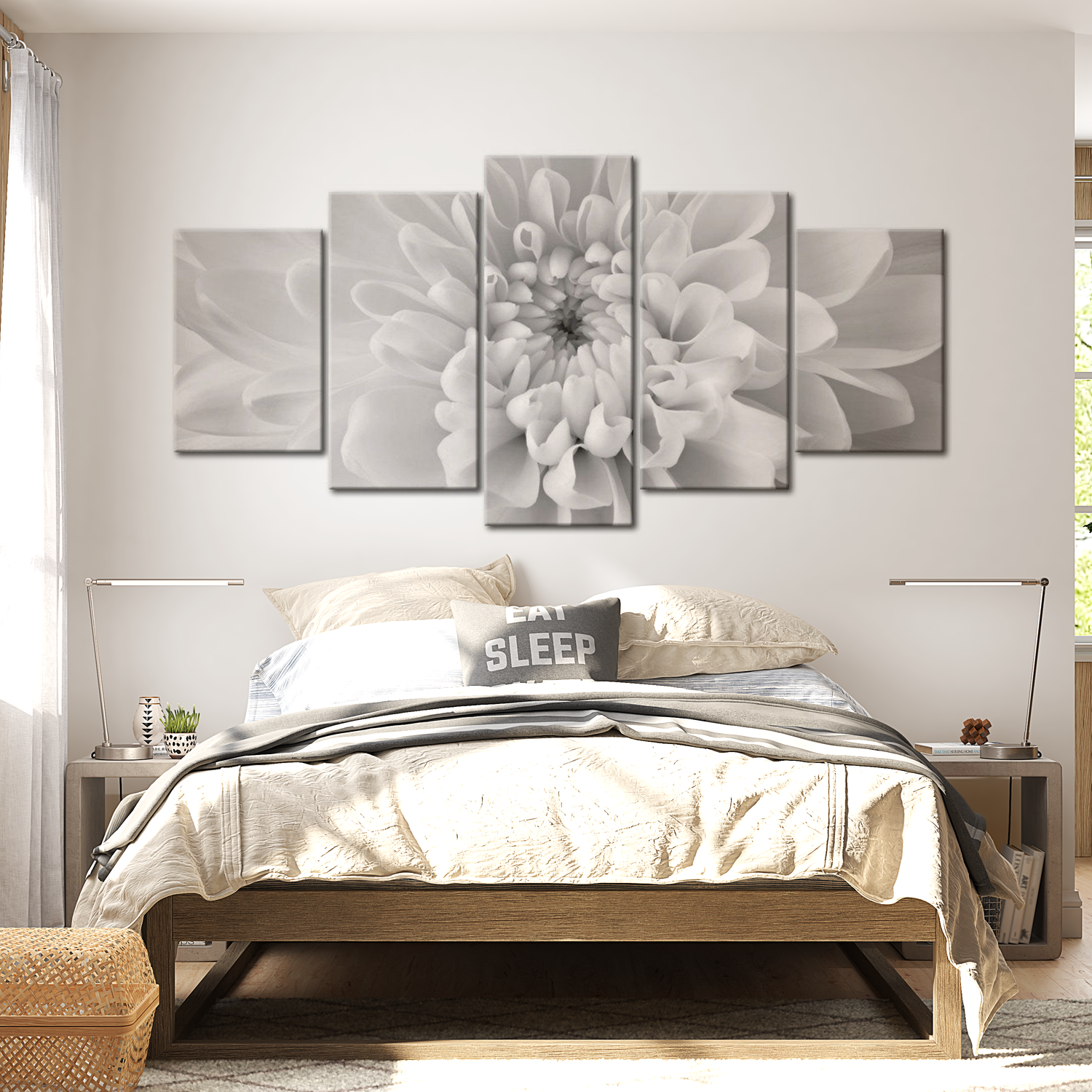Stretched Canvas Floral Art - Dahlia Flower In Grey Shades 40"Wx20"H