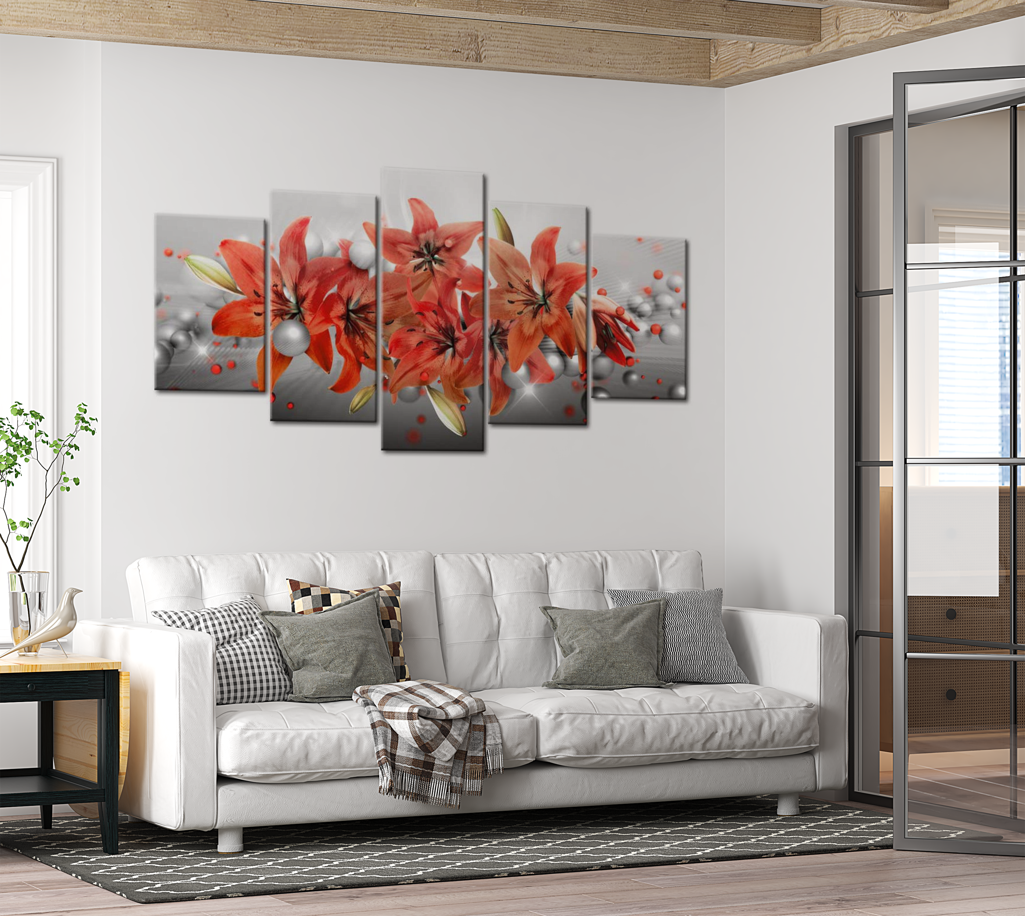 Floral Canvas Wall Art - Lilies And Pearls - 5 Pieces