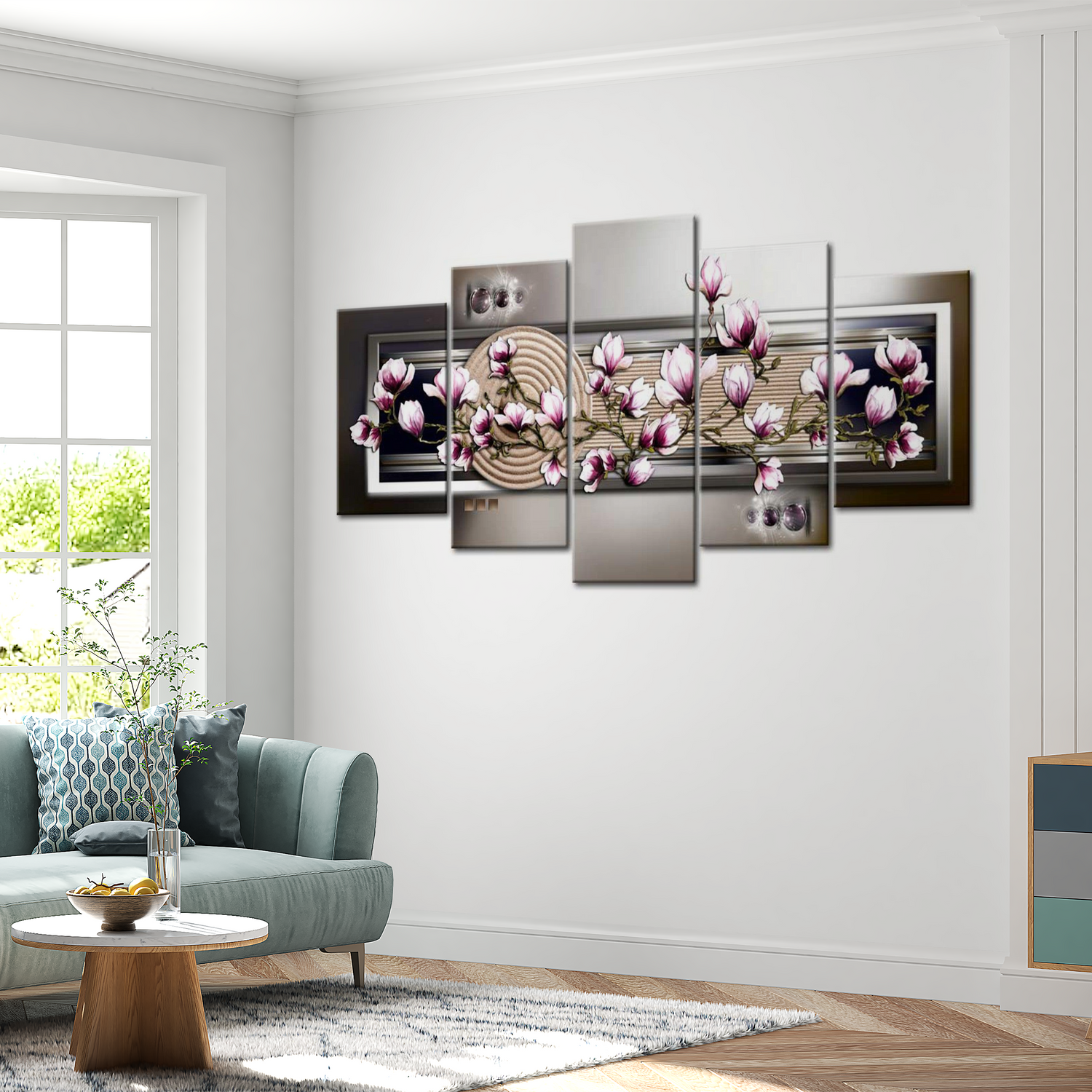 Stretched Canvas Floral Art - Magnolia And Zen Garden 40"Wx20"H