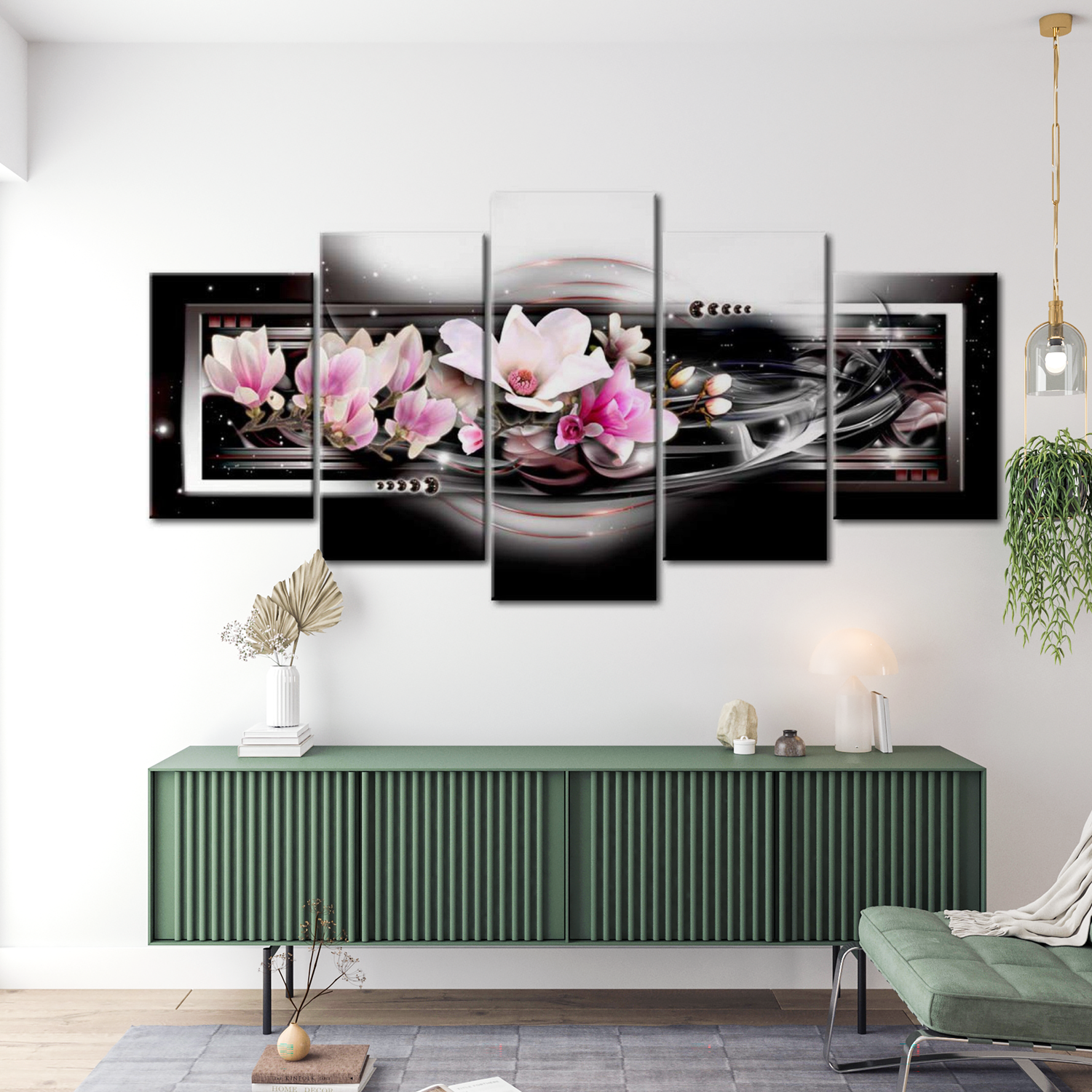 Stretched Canvas Floral Art - Magnolias On A Black Background 40"Wx20"H