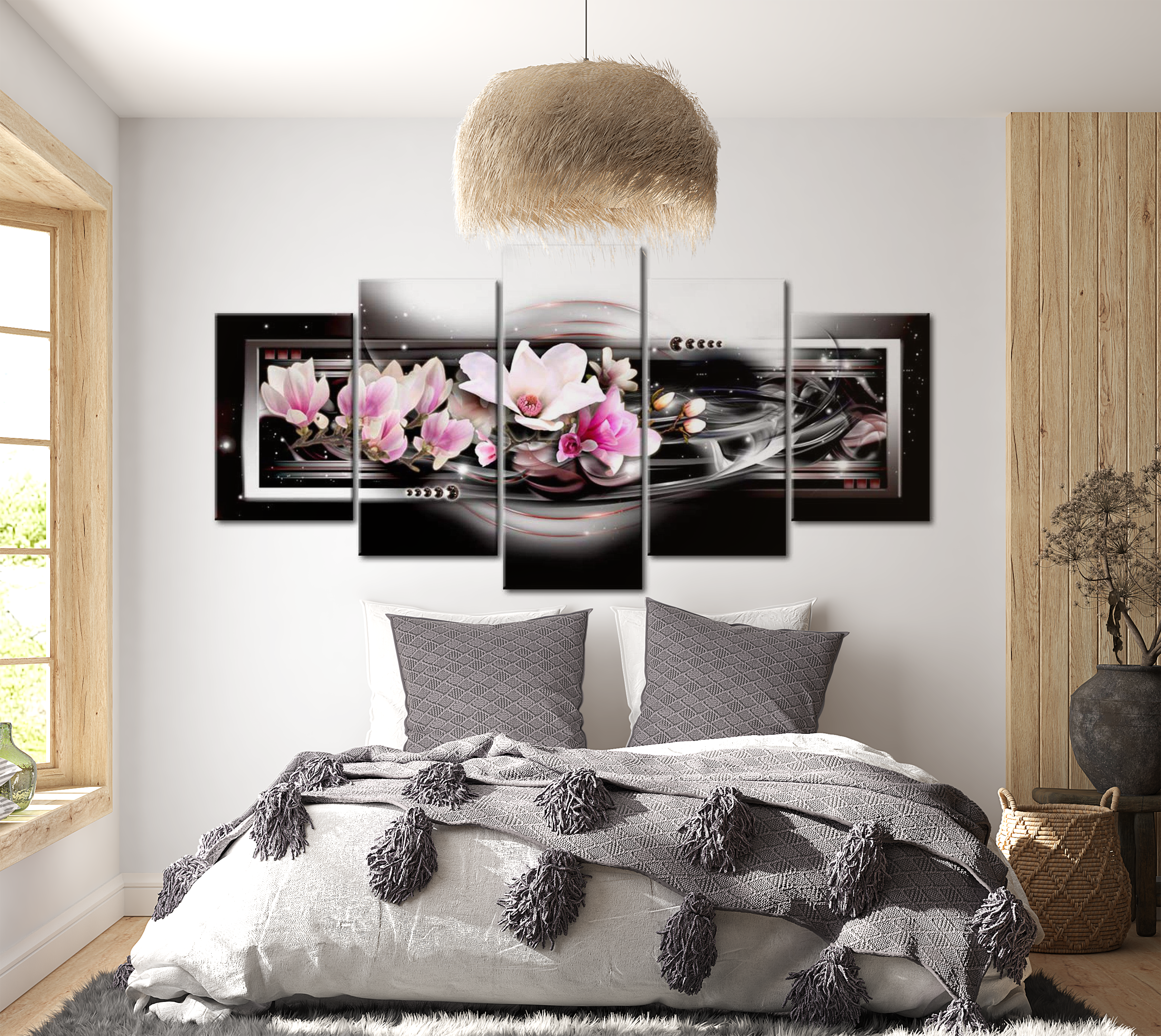 Stretched Canvas Floral Art - Magnolias On A Black Background 40"Wx20"H