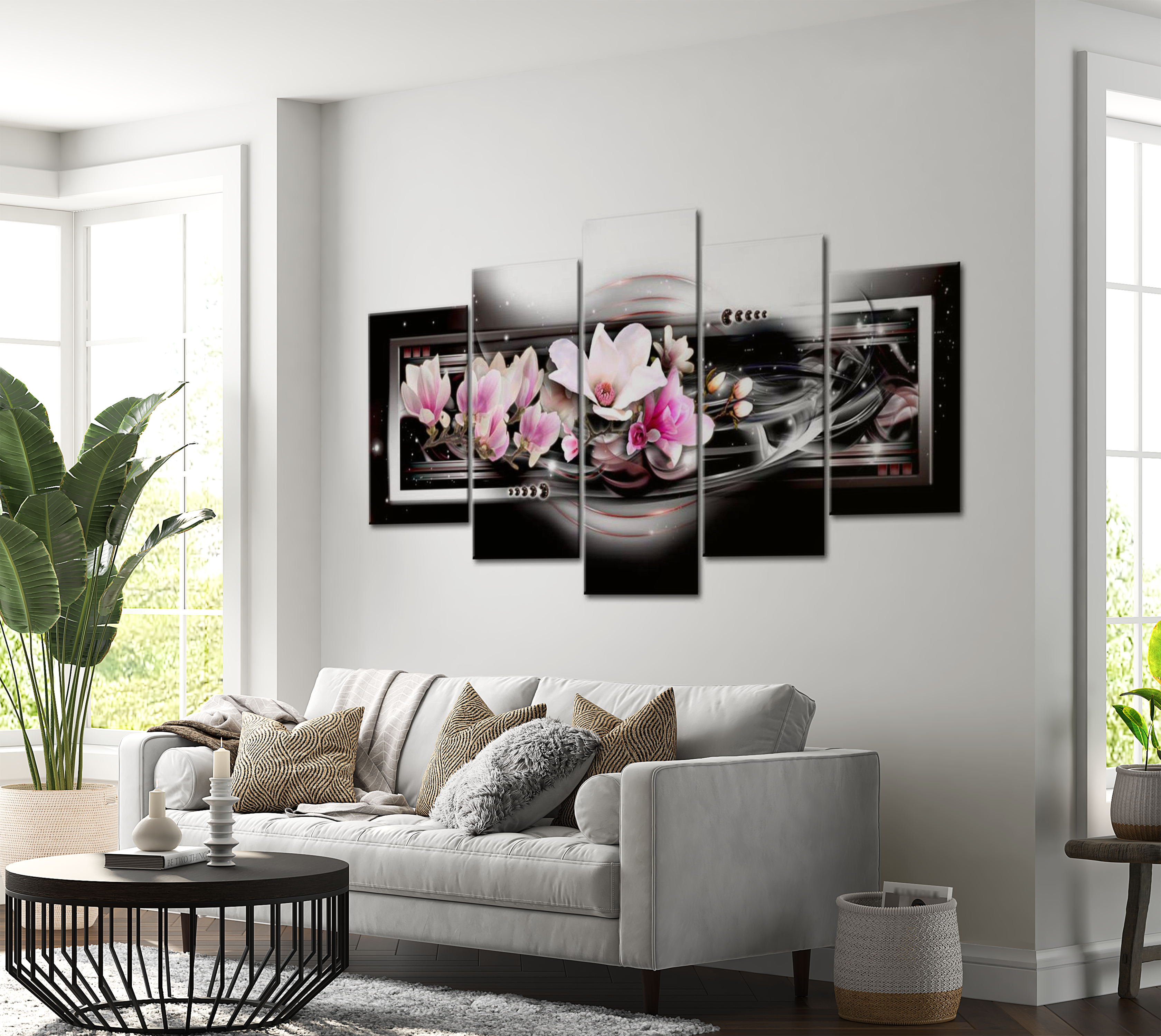 Stretched Canvas Floral Art - Magnolias On A Black Background 40"Wx20"H