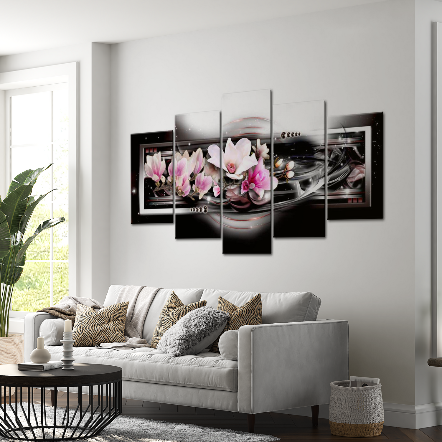 Stretched Canvas Floral Art - Magnolias On A Black Background 40"Wx20"H
