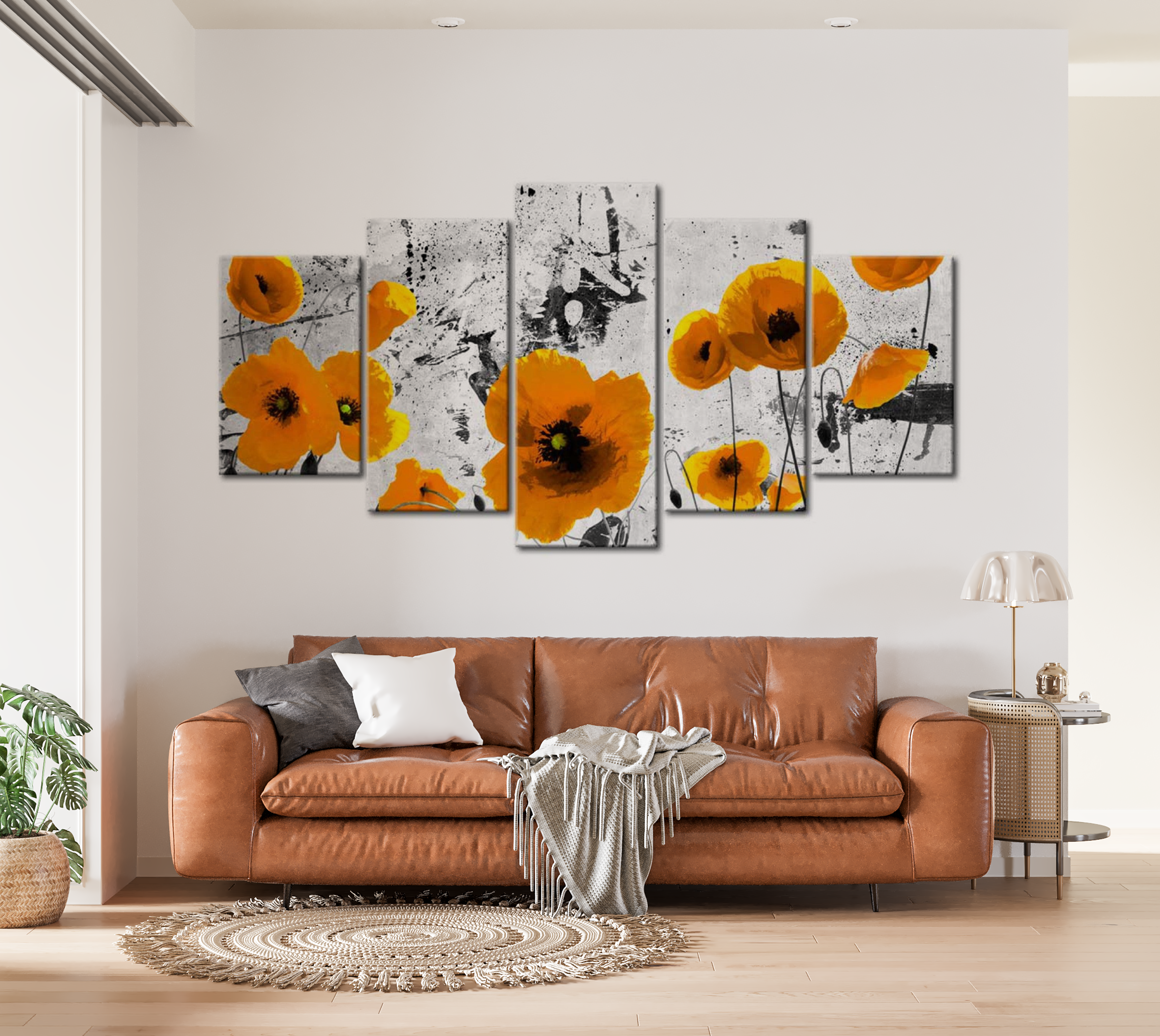 Floral Canvas Wall Art - Orange Poppies - 5 Pieces