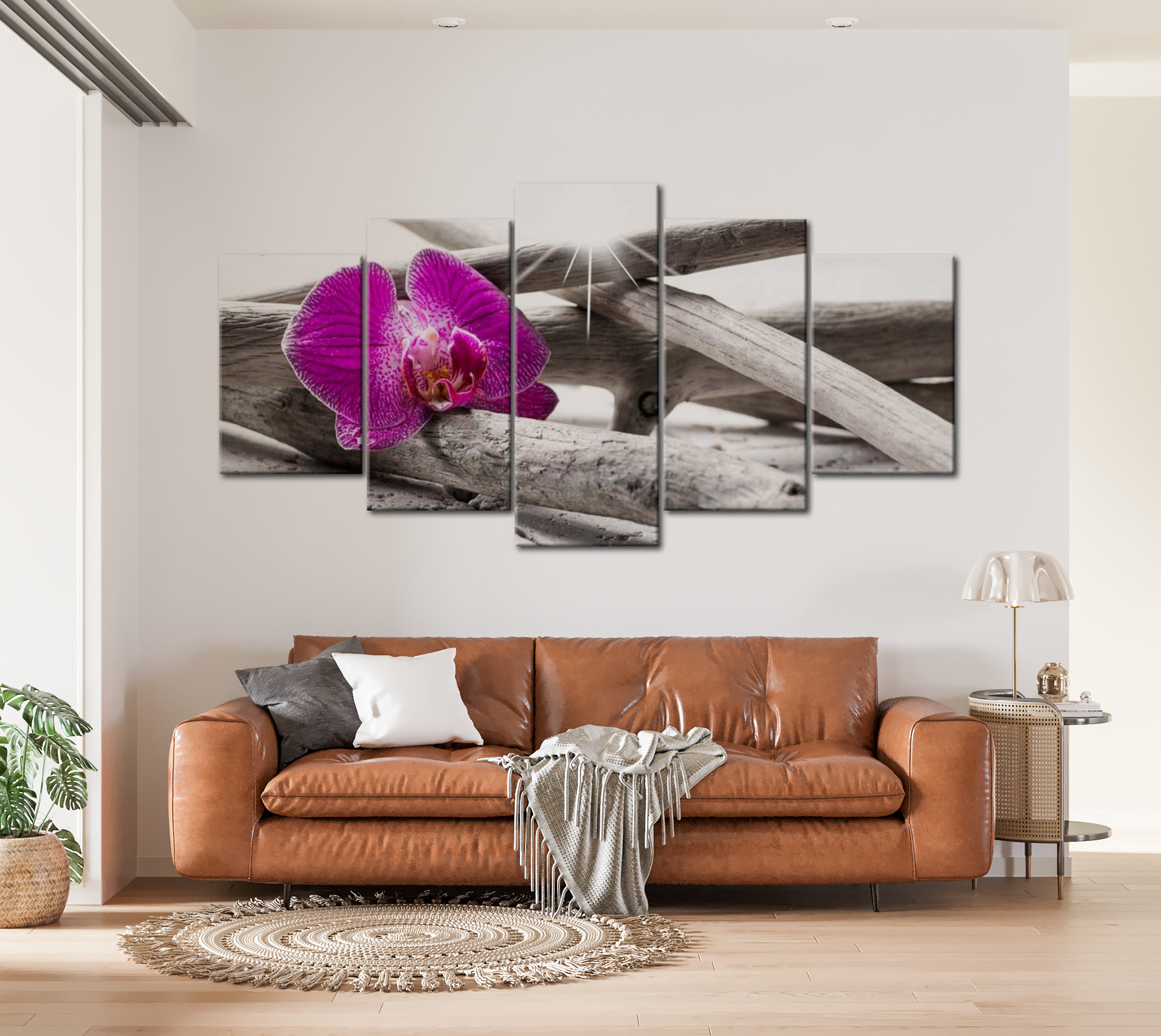 Floral Canvas Wall Art - Orchid On Driftwood - 5 Pieces