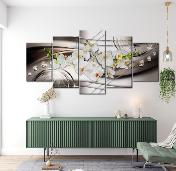Floral Canvas Wall Art - Orchid With Diamonds - 5 Pieces