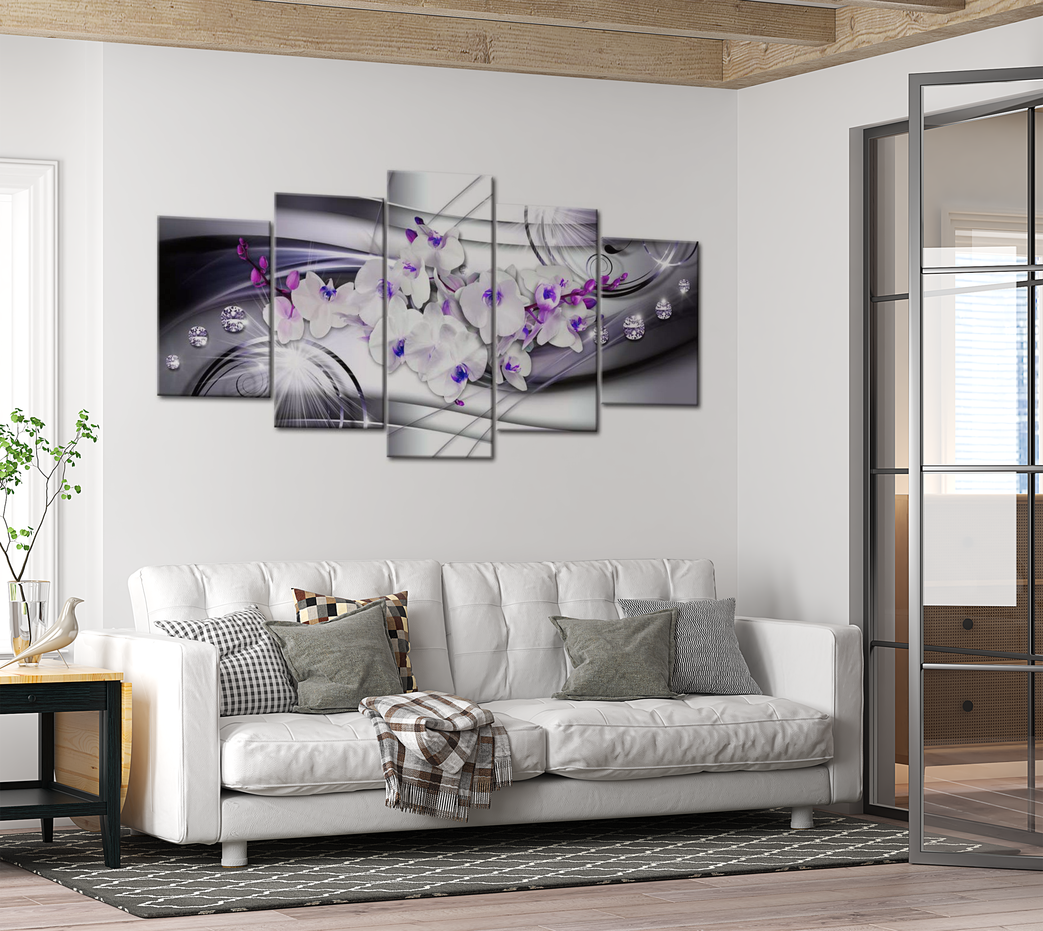 Floral Canvas Wall Art - Orchids And Diamonds - 5 Pieces