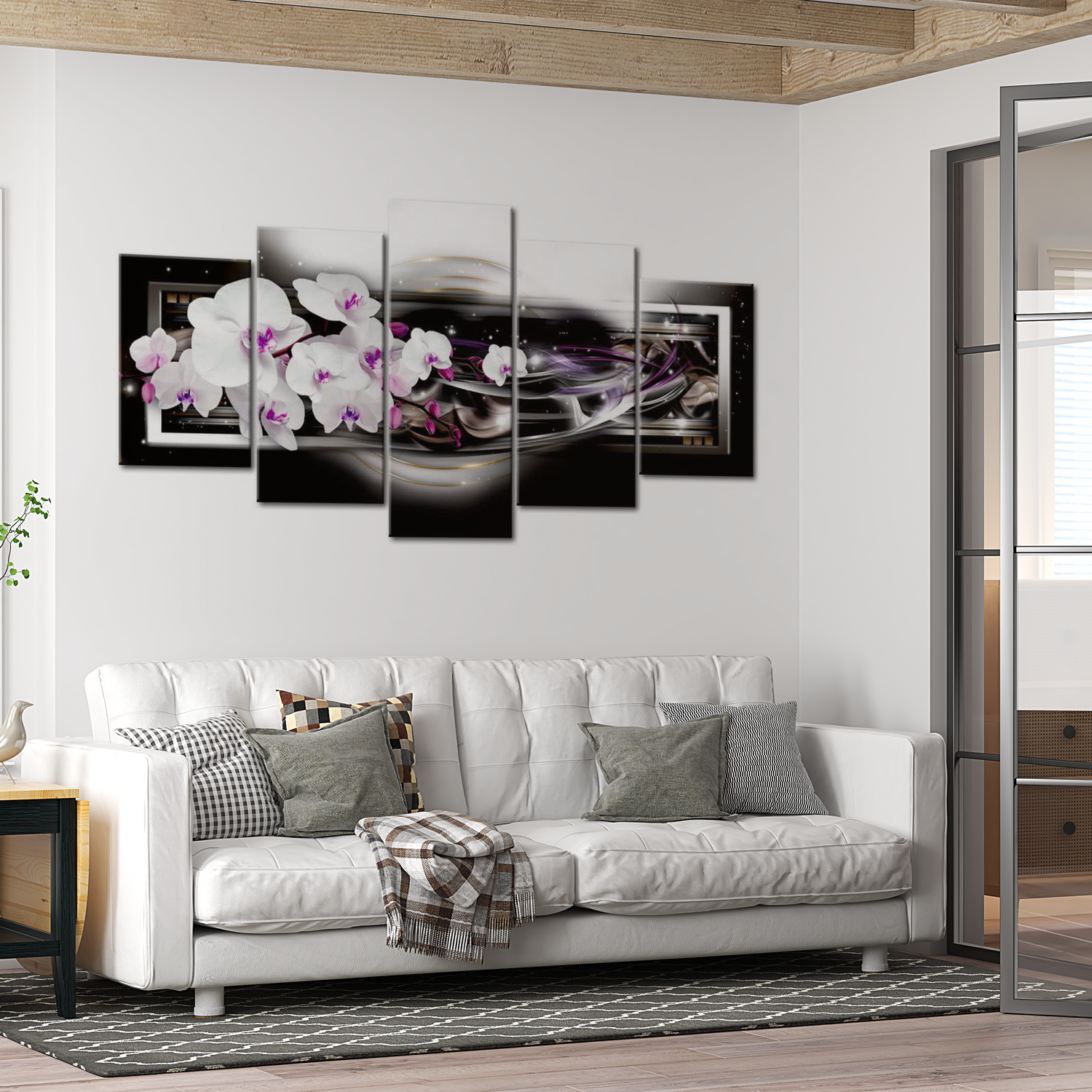 Stretched Canvas Floral Art - Orchids On A Black Background 40"Wx20"H