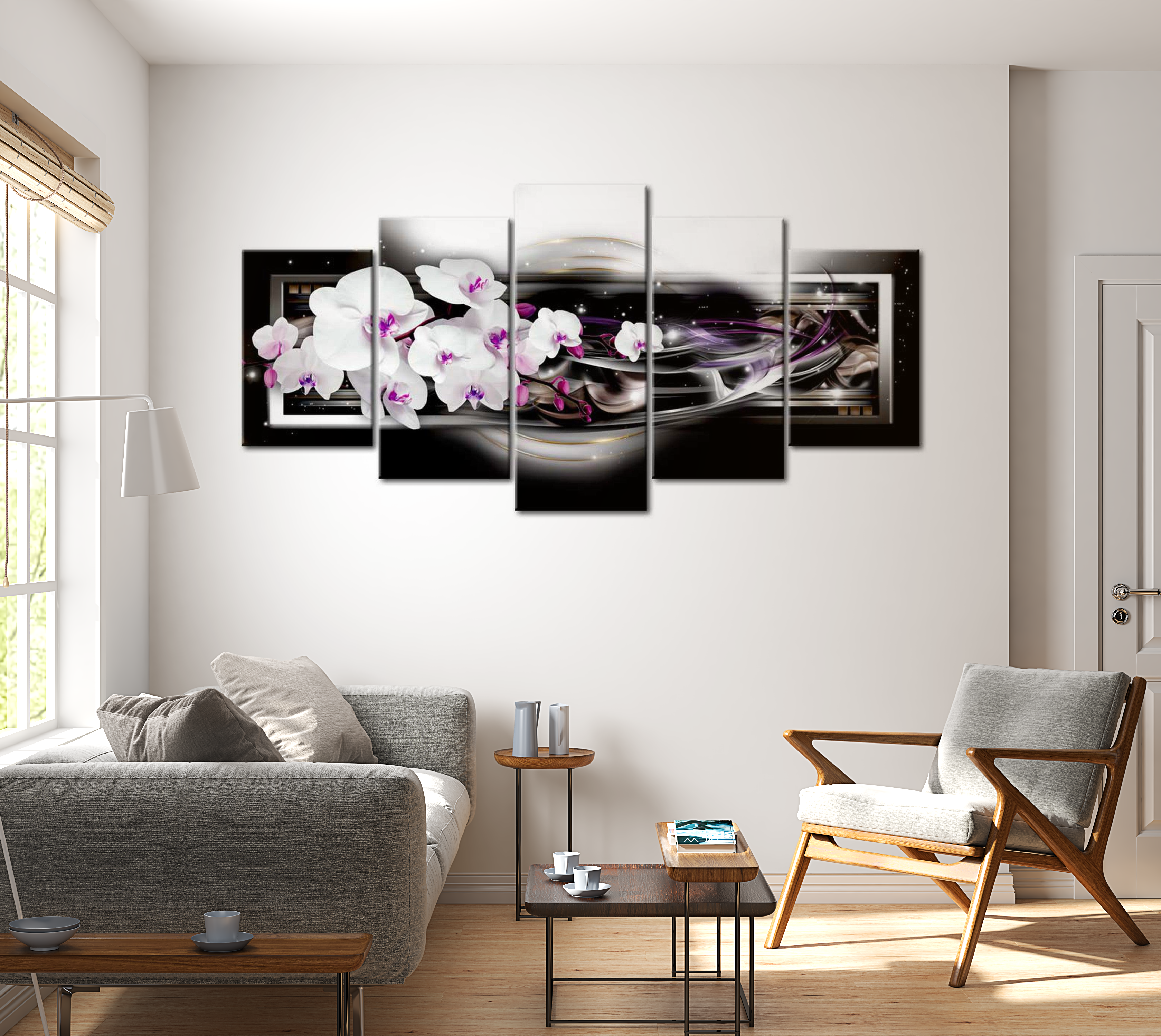 Stretched Canvas Floral Art - Orchids On A Black Background 40"Wx20"H