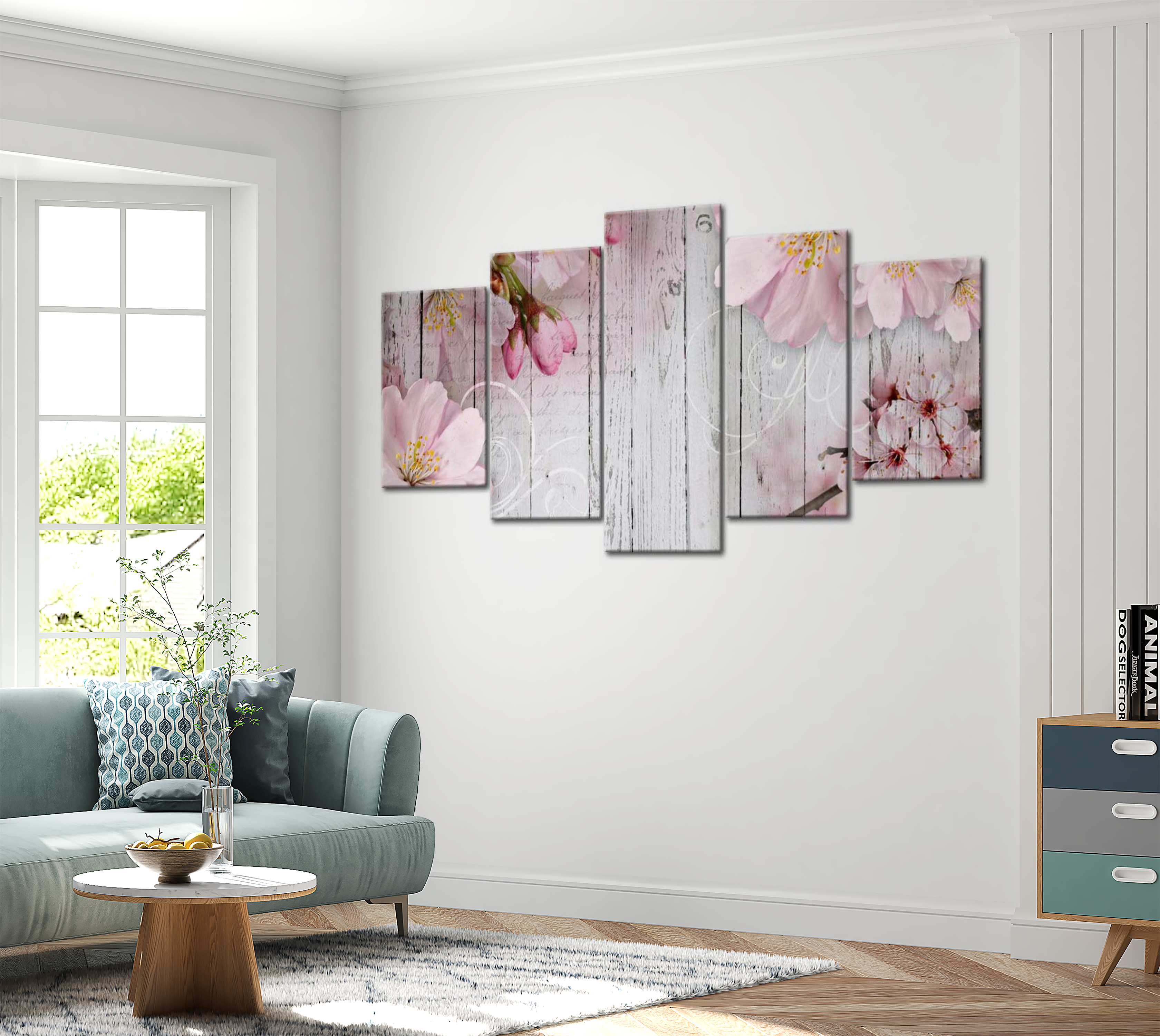 Floral Canvas Wall Art - Pink Flowers On Wood - 5 Pieces