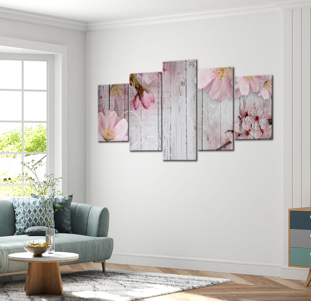Floral Canvas Wall Art - Pink Flowers On Wood - 5 Pieces