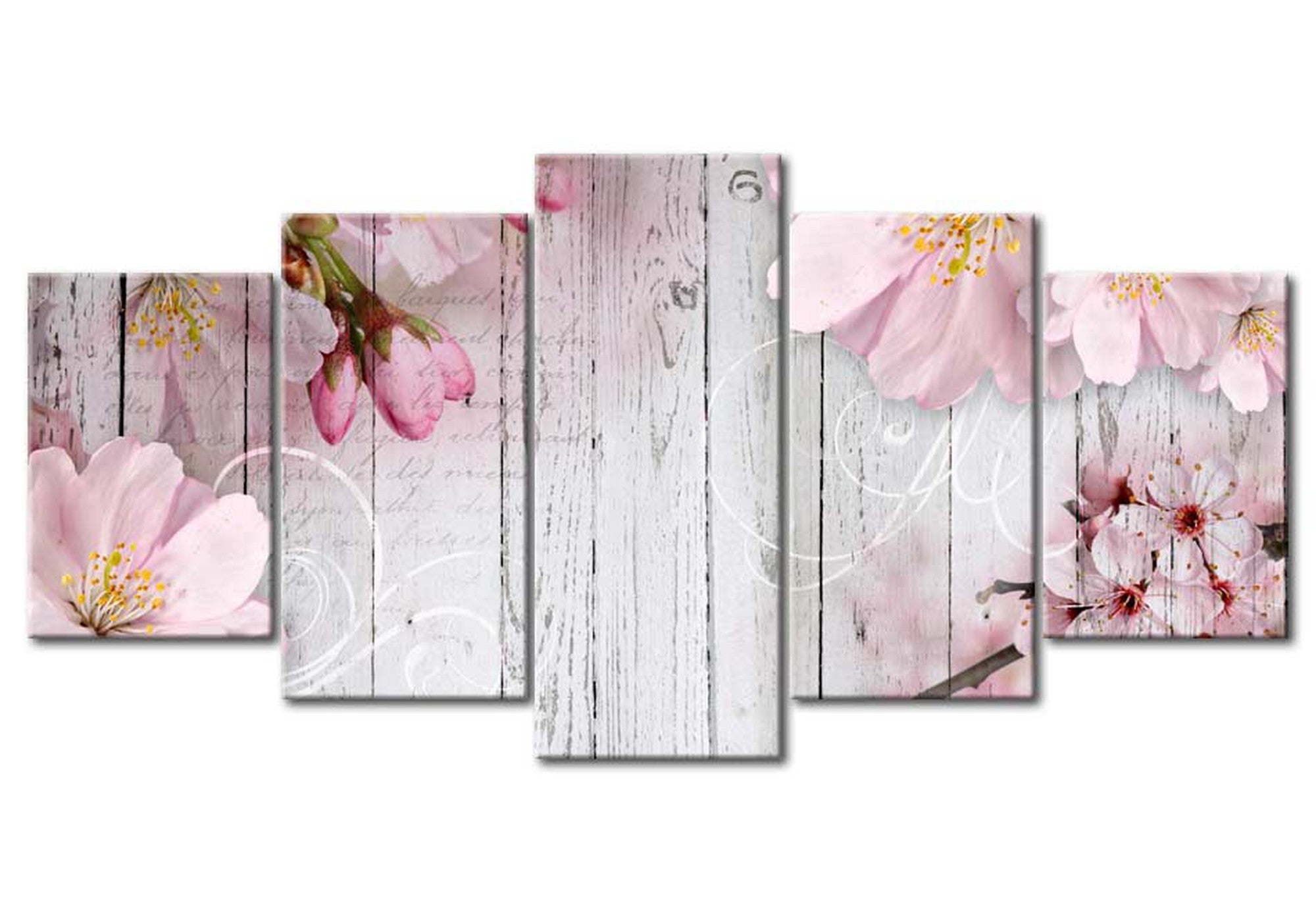 Floral Canvas Wall Art - Pink Flowers On Wood - 5 Pieces