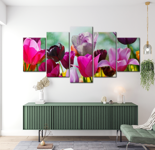 Floral Canvas Wall Art - Pink Fun Tulips - 5 Pieces