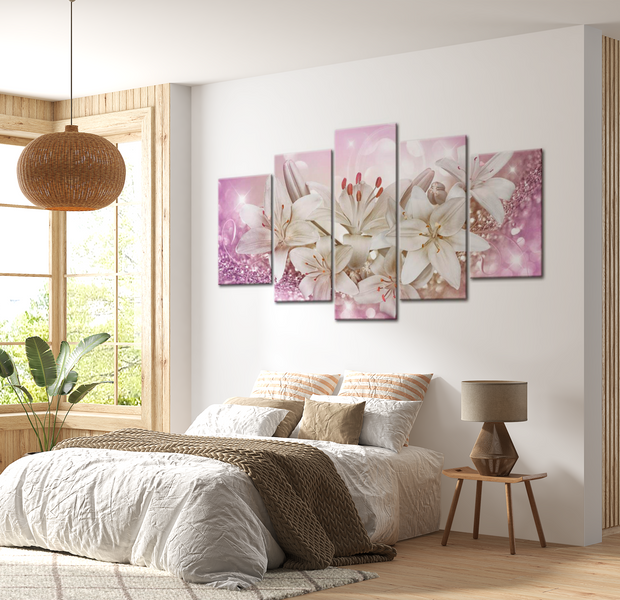 Floral Canvas Wall Art - Pink Glitter Lilies - 5 Pieces