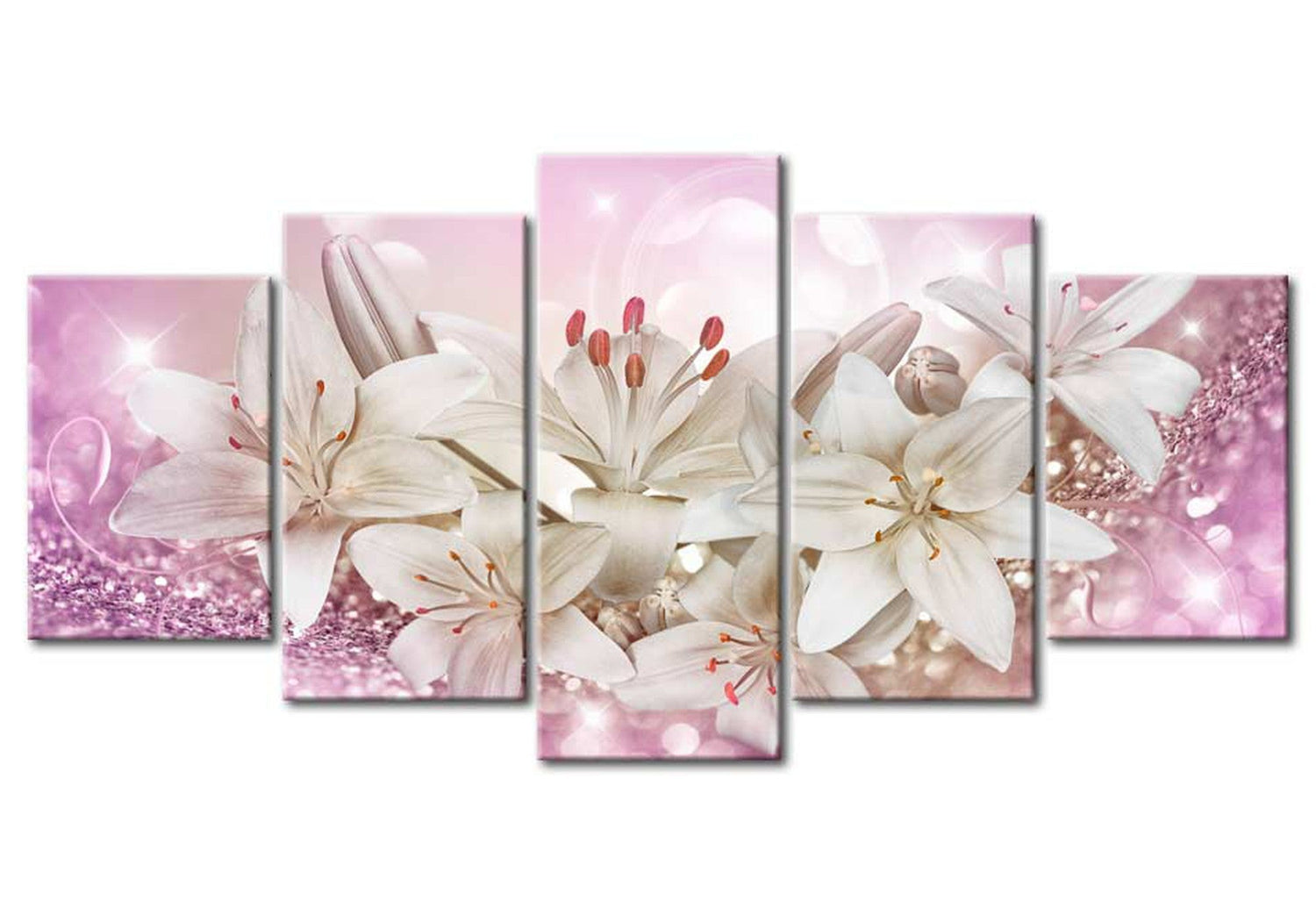 Floral Canvas Wall Art - Pink Glitter Lilies - 5 Pieces