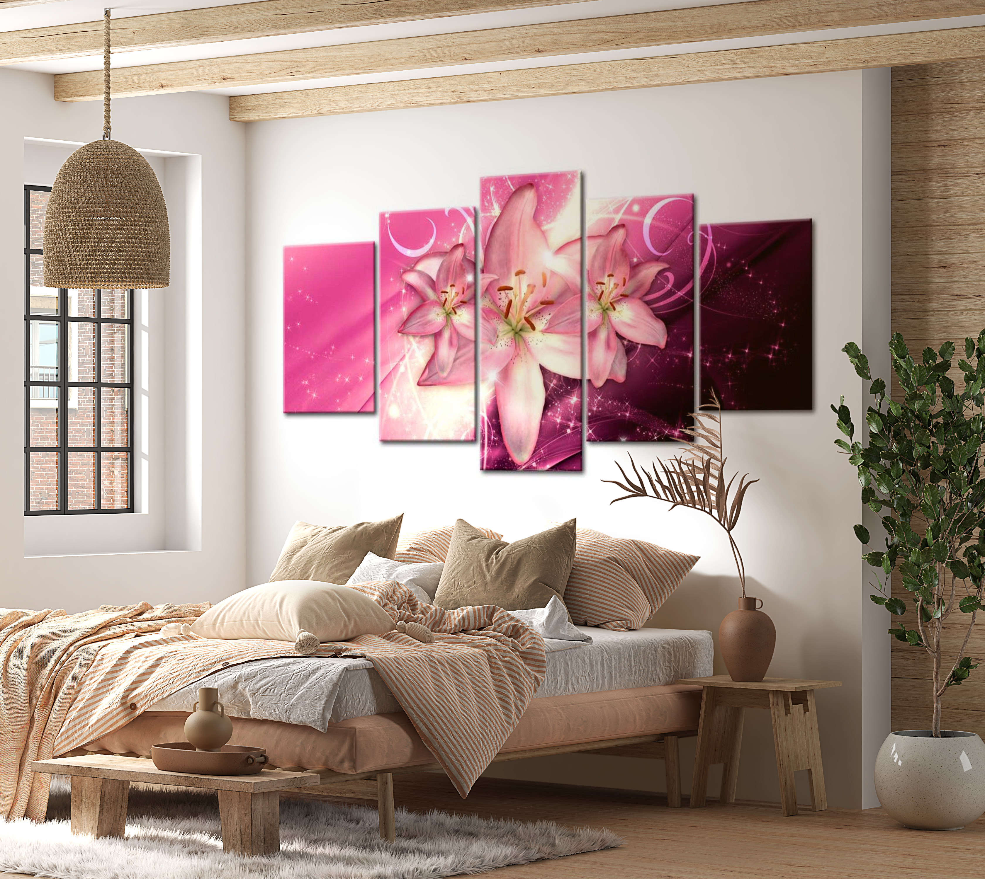 Floral Canvas Wall Art - Pink Lily Heaven - 5 Pieces