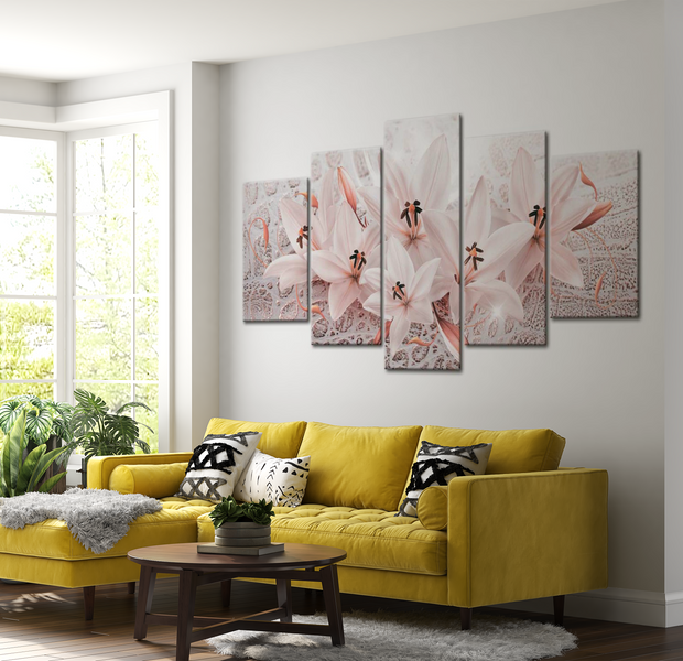 Floral Canvas Wall Art - Pink Lily Poem - 5 Pieces