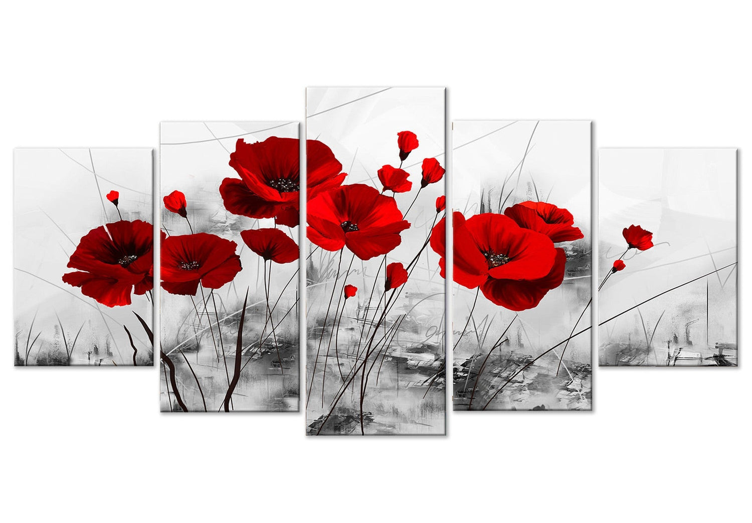 Floral Canvas Wall Art - Poppies Red Miracle - 5 Pieces