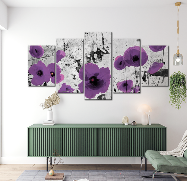 Floral Canvas Wall Art - Purple Poppies - 5 Pieces