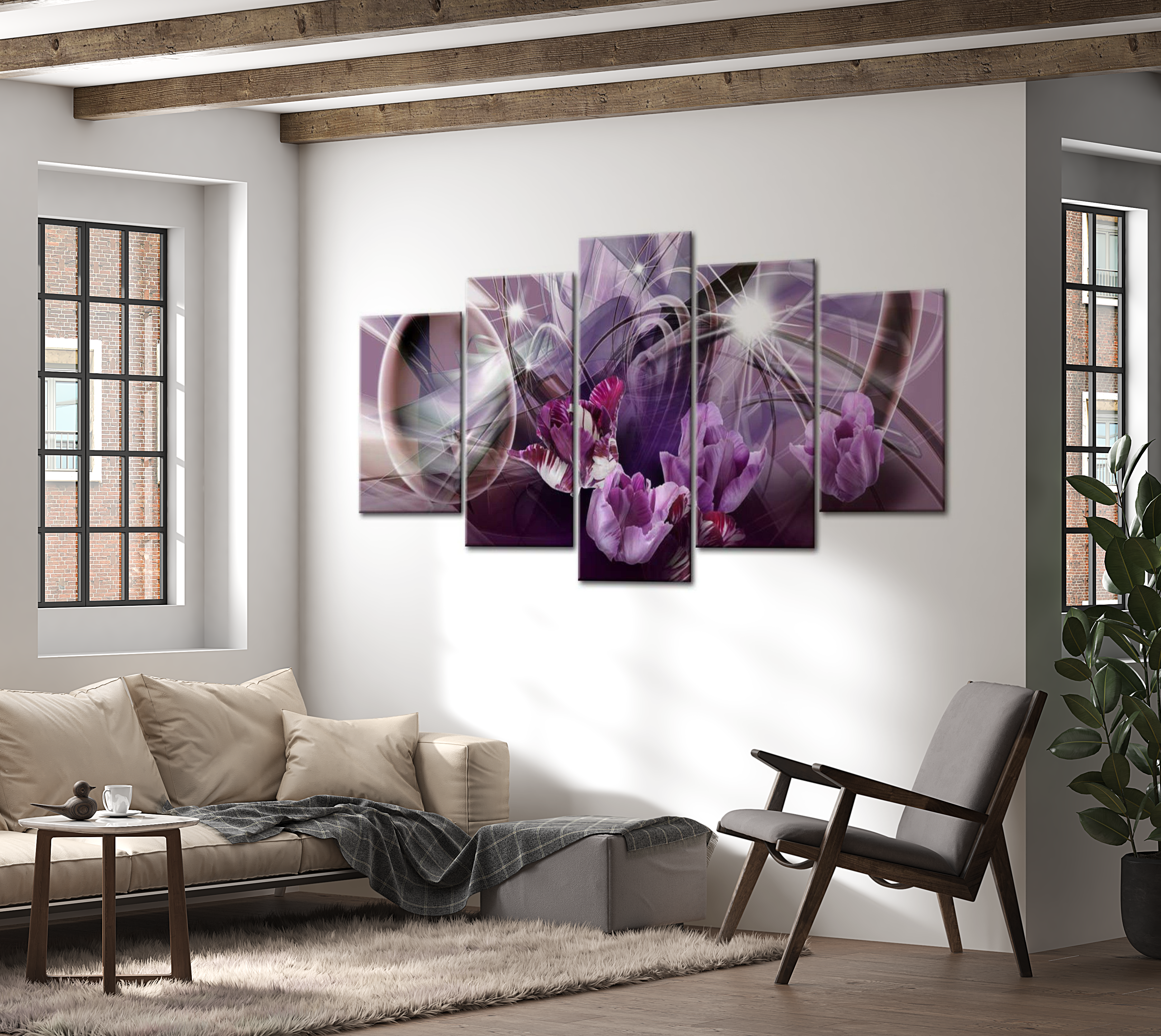 Floral Canvas Wall Art - Purple Tulip Design - 5 Pieces