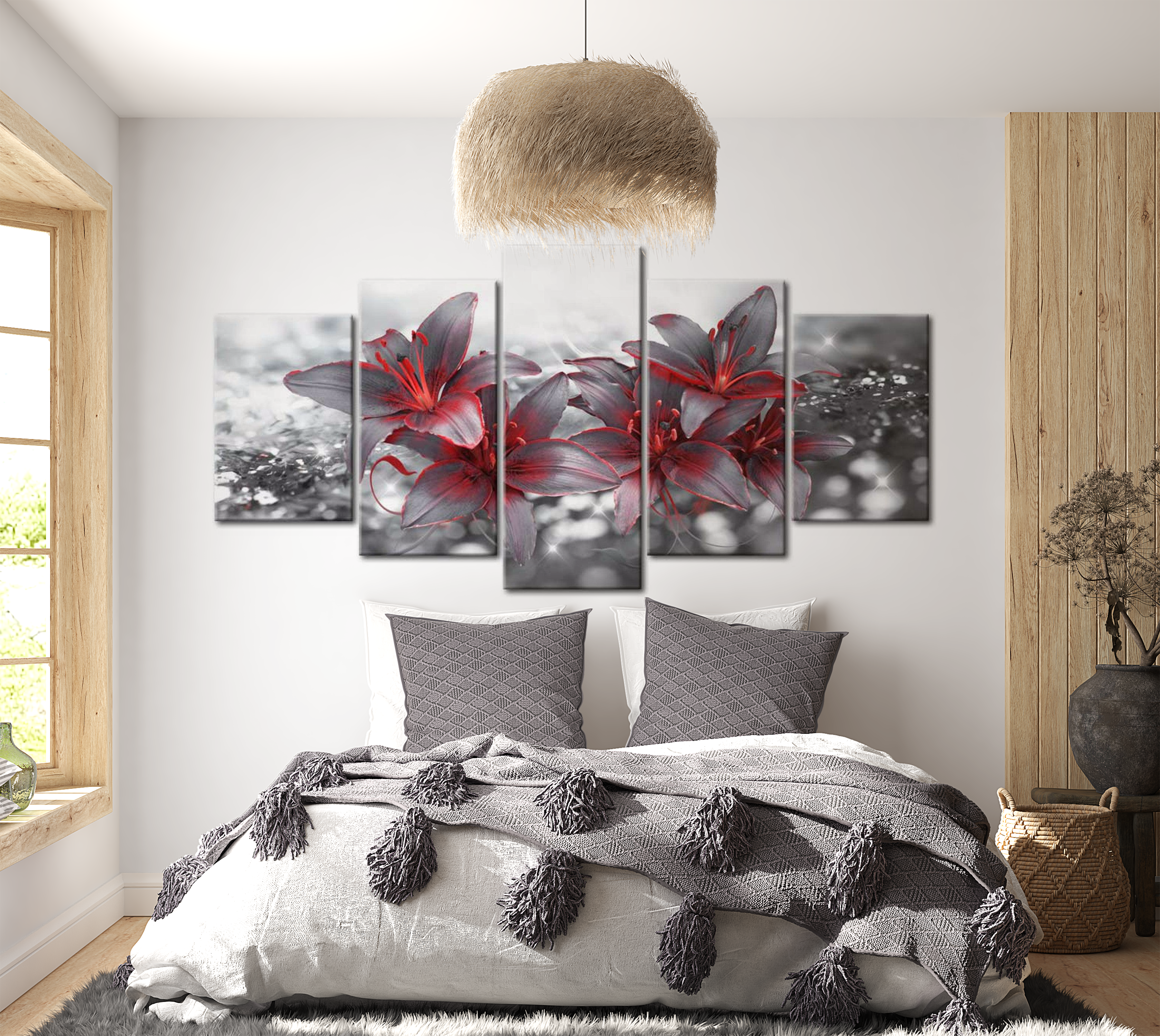 Floral Canvas Wall Art - Red Grey Lilies - 5 Pieces