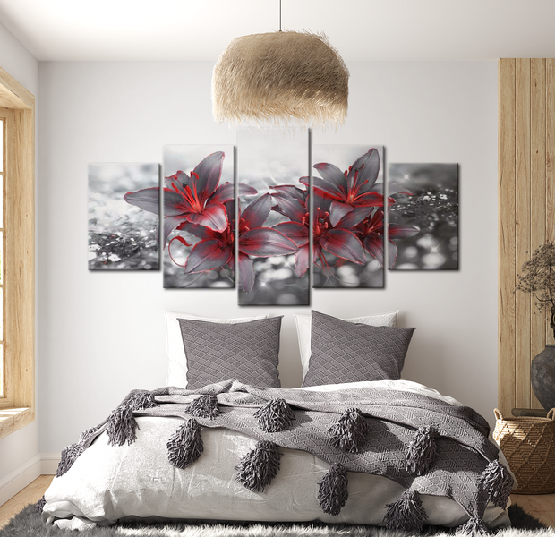 Floral Canvas Wall Art - Red Grey Lilies - 5 Pieces