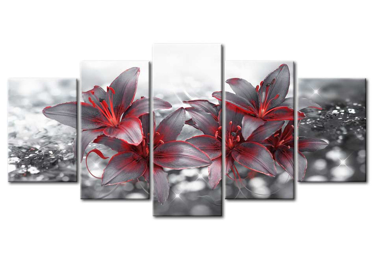 Floral Canvas Wall Art - Red Grey Lilies - 5 Pieces