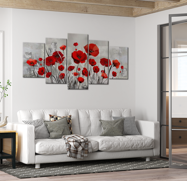 Floral Canvas Wall Art - Red Poppies - 5 Pieces