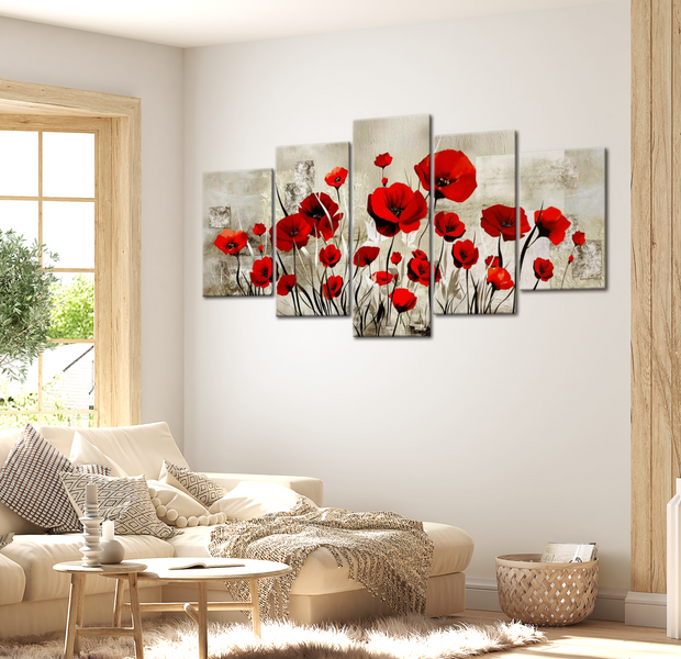Floral Canvas Wall Art - Red Poppy Field - 5 Pieces