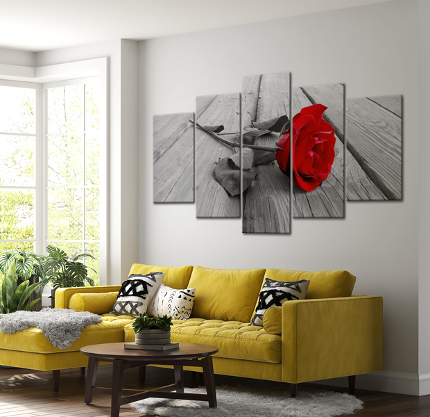 Floral Canvas Wall Art - Red Rose On Wood - 5 Pieces