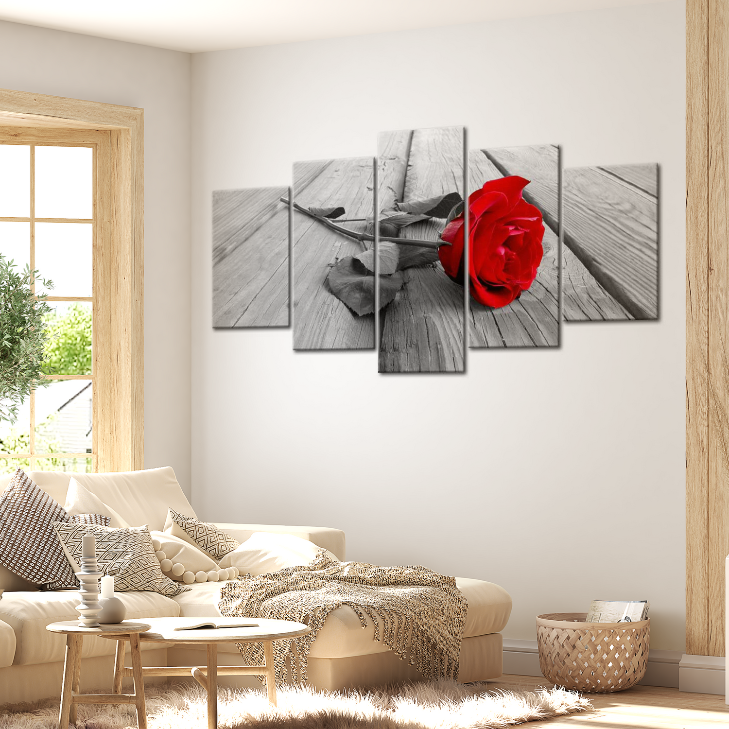 Stretched Canvas Floral Art - Rose On Wood Wide Red 40"Wx20"H