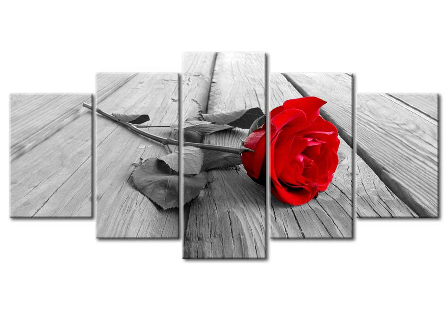 Floral Canvas Wall Art - Red Rose On Wood - 5 Pieces