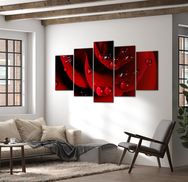 Floral Canvas Wall Art - Red Rose Raindrops - 5 Pieces