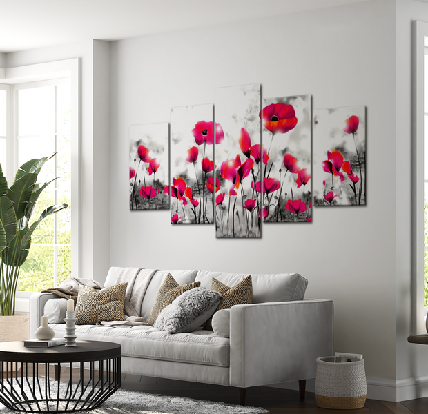 Floral Canvas Wall Art - Red Violet Flowers - 5 Pieces