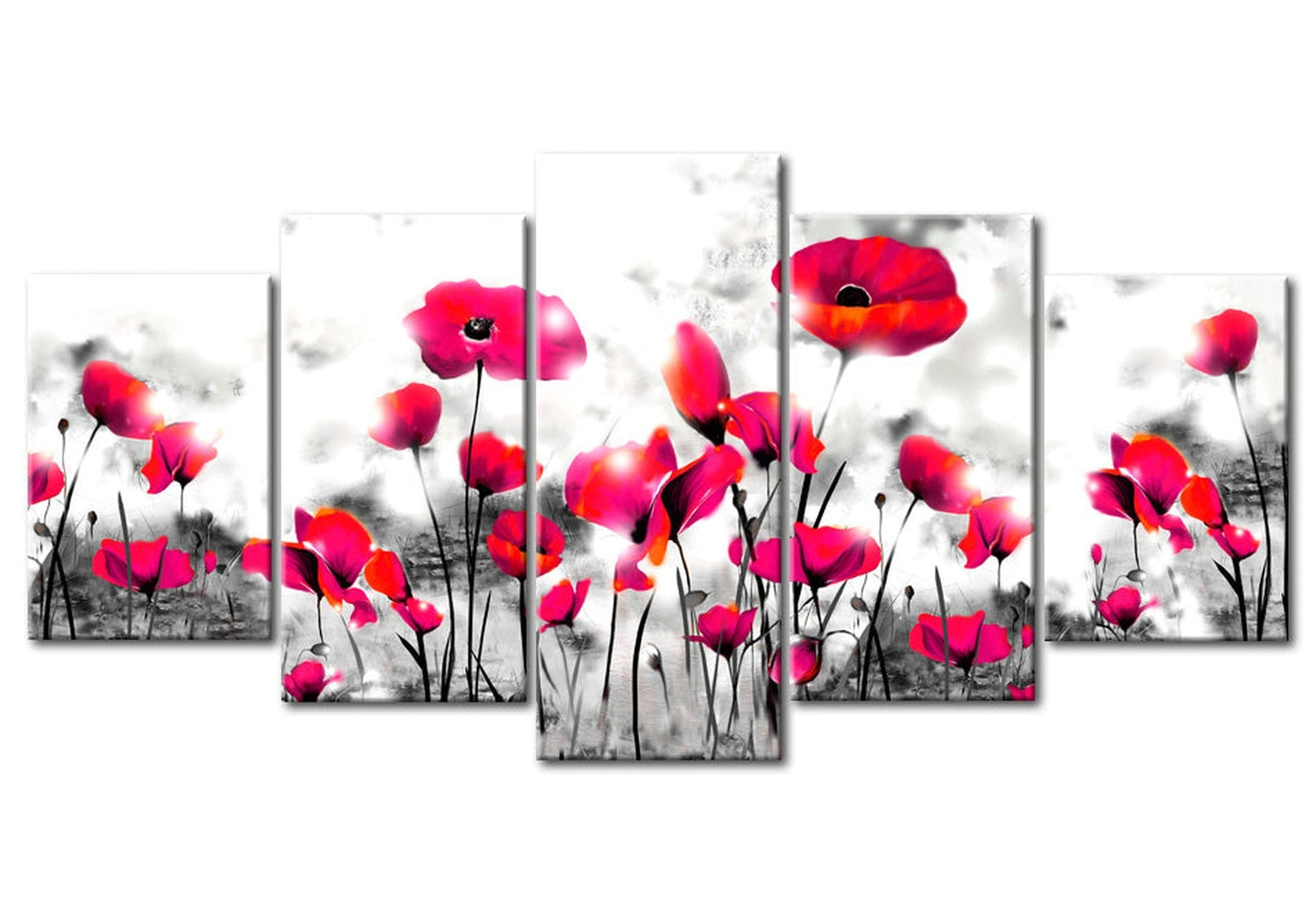 Floral Canvas Wall Art - Red Violet Flowers - 5 Pieces