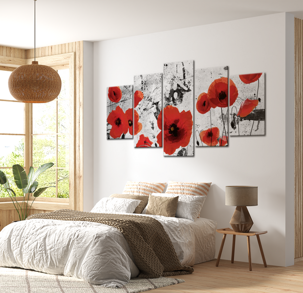 Floral Canvas Wall Art - Scarlet Red Poppies - 5 Pieces