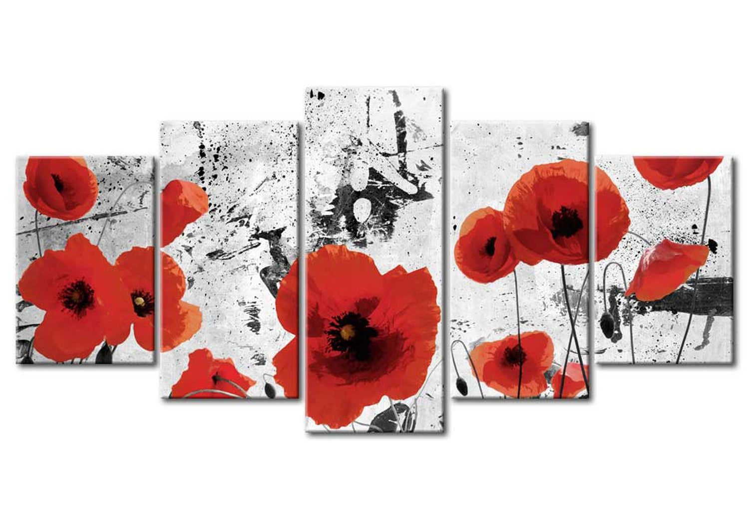 Floral Canvas Wall Art - Scarlet Red Poppies - 5 Pieces