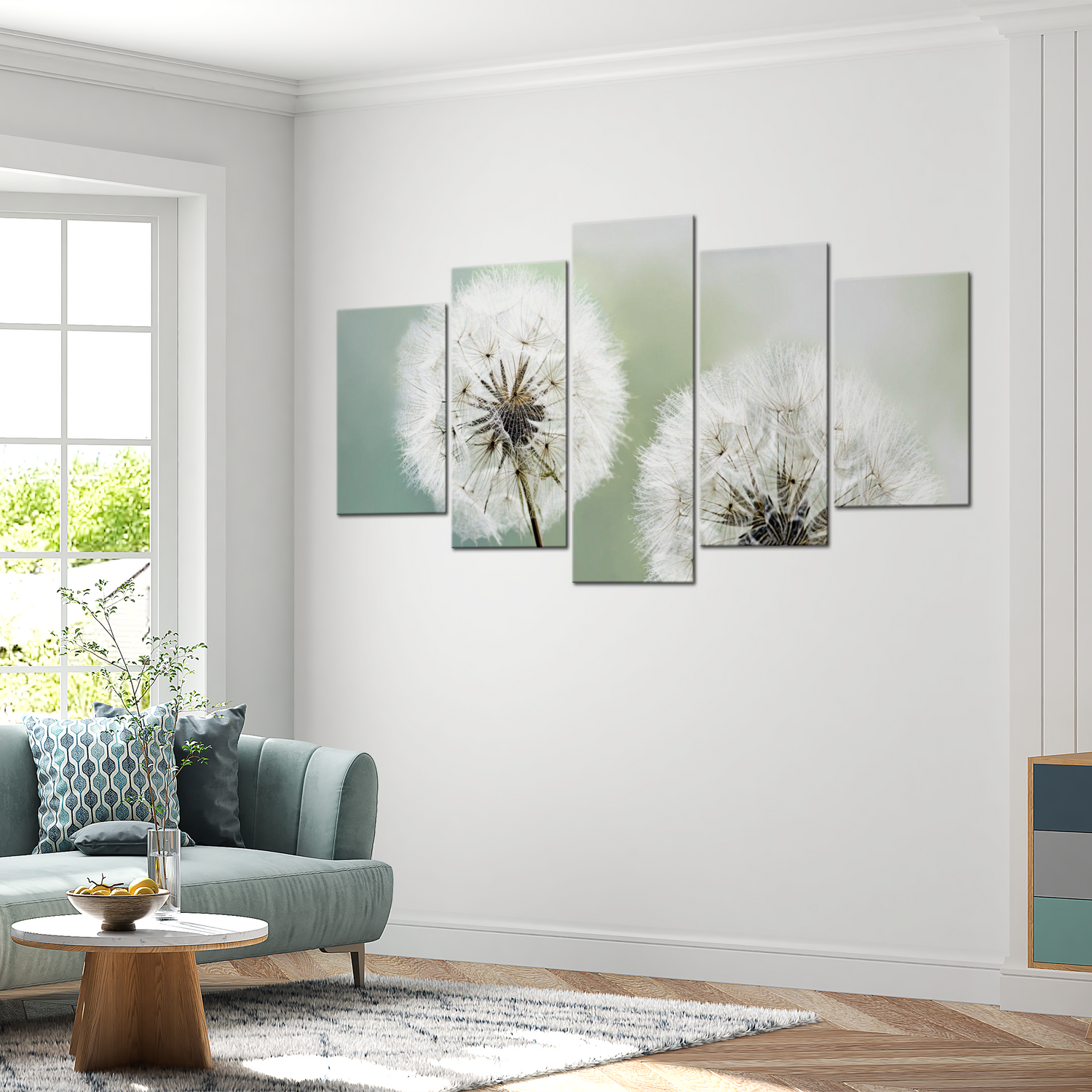 Stretched Canvas Floral Art - Soft Dandelions 5 Piece 40"Wx20"H