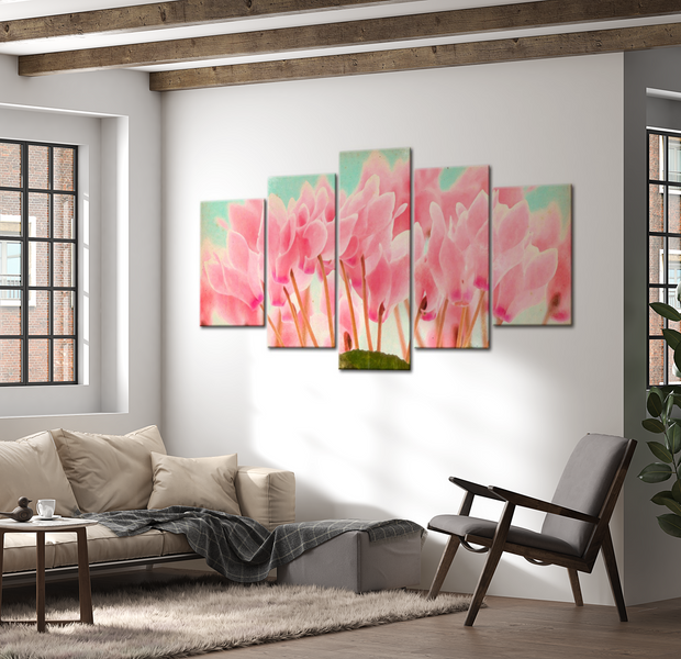 Floral Canvas Wall Art - Soft Pink Cyclamen - 5 Pieces