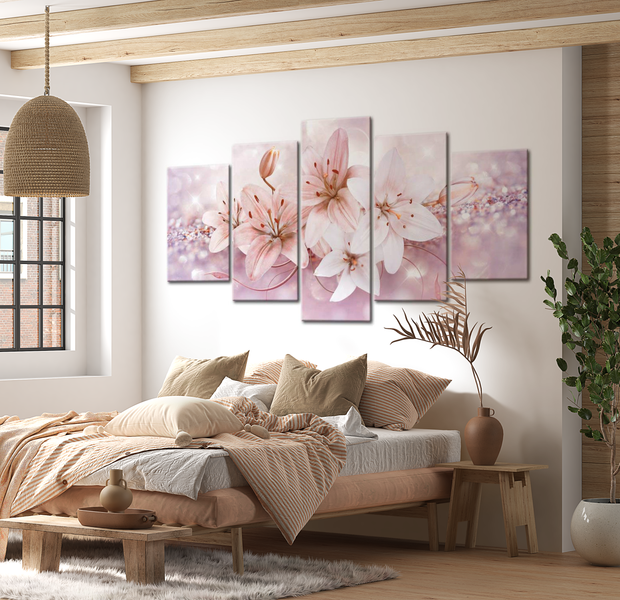 Floral Canvas Wall Art - Soft Pink Lily Glitters - 5 Pieces