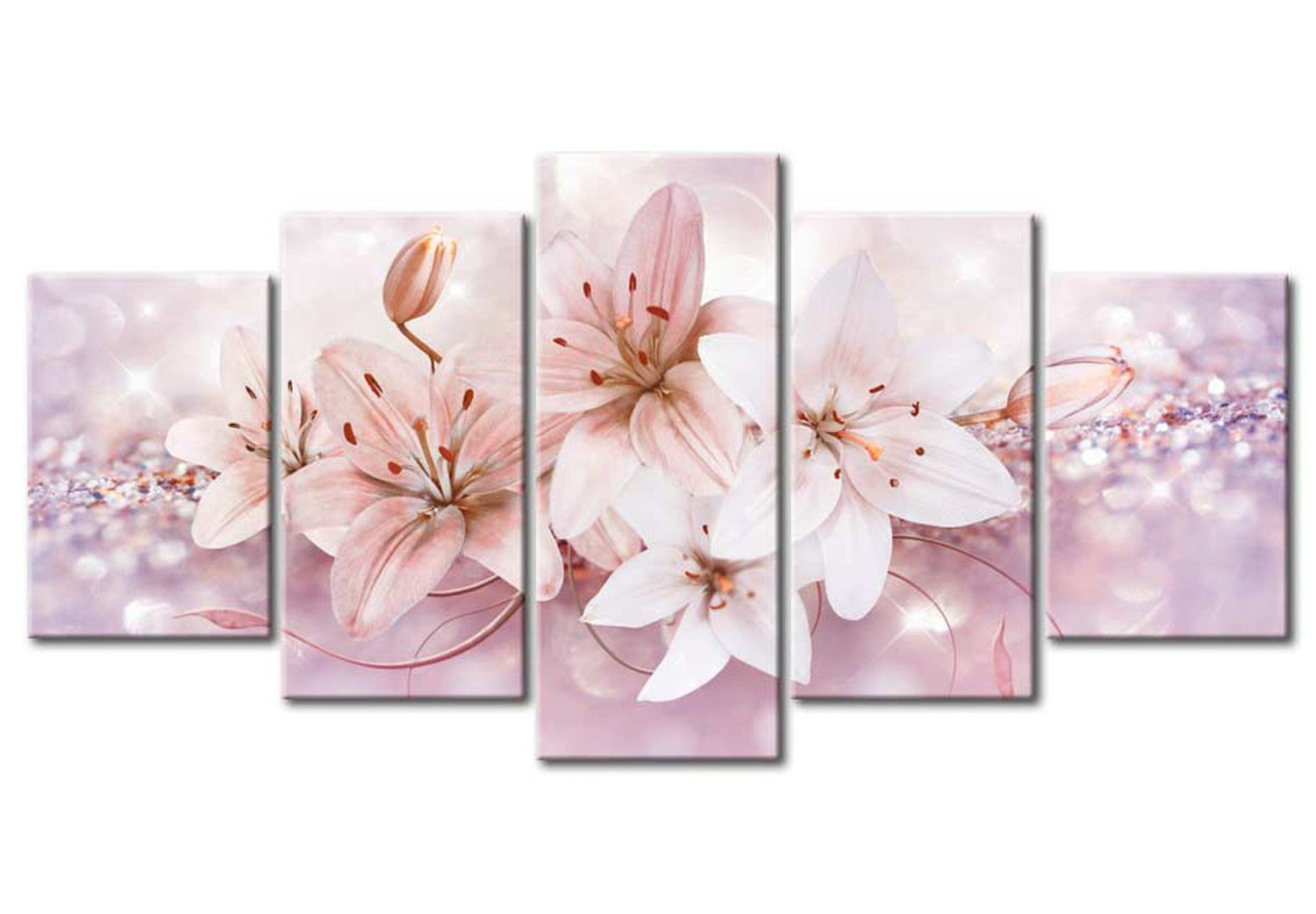 Floral Canvas Wall Art - Soft Pink Lily Glitters - 5 Pieces
