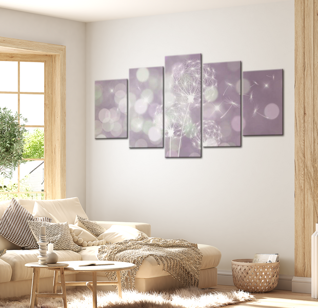 Floral Canvas Wall Art - Soft Purple Dandelions - 5 Pieces